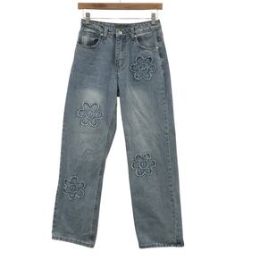 Cali1850 Jeans Womens 5 Blue Straight Leg Flower Embroidered Y2K Boho Denim